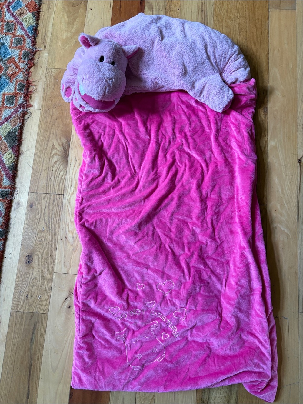 St. Eve pink plush hippo kids sleeping bag side zipper